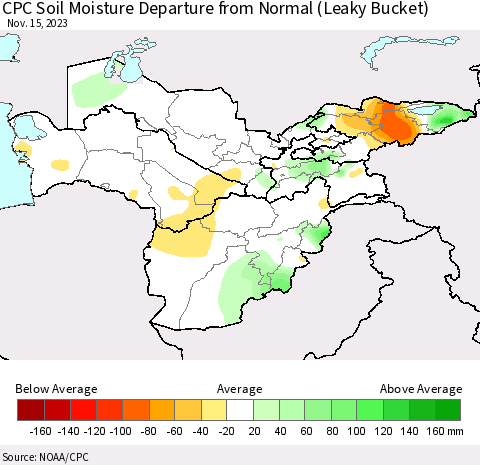 Central Asia CPC Soil Moisture Departure from Normal (Leaky Bucket) Thematic Map For 11/11/2023 - 11/15/2023