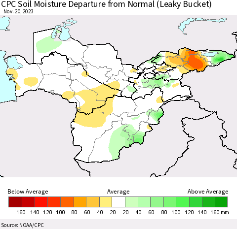 Central Asia CPC Soil Moisture Departure from Normal (Leaky Bucket) Thematic Map For 11/16/2023 - 11/20/2023