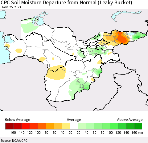 Central Asia CPC Soil Moisture Departure from Normal (Leaky Bucket) Thematic Map For 11/21/2023 - 11/25/2023