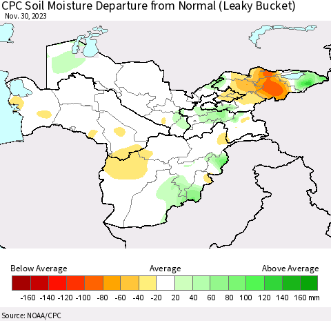 Central Asia CPC Soil Moisture Departure from Normal (Leaky Bucket) Thematic Map For 11/26/2023 - 11/30/2023
