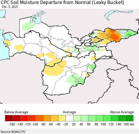 Central Asia CPC Soil Moisture Departure from Normal (Leaky Bucket) Thematic Map For 12/1/2023 - 12/5/2023