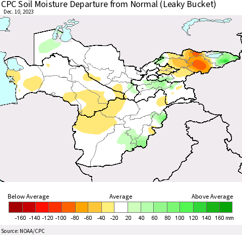 Central Asia CPC Soil Moisture Departure from Normal (Leaky Bucket) Thematic Map For 12/6/2023 - 12/10/2023