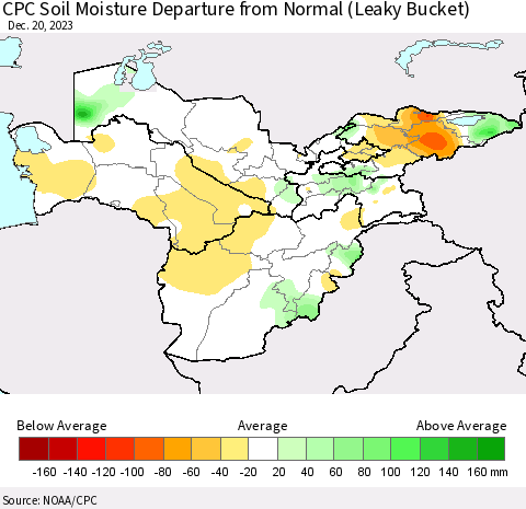 Central Asia CPC Soil Moisture Departure from Normal (Leaky Bucket) Thematic Map For 12/16/2023 - 12/20/2023