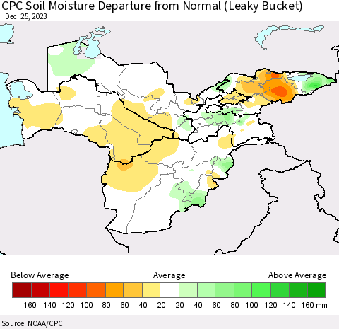 Central Asia CPC Soil Moisture Departure from Normal (Leaky Bucket) Thematic Map For 12/21/2023 - 12/25/2023