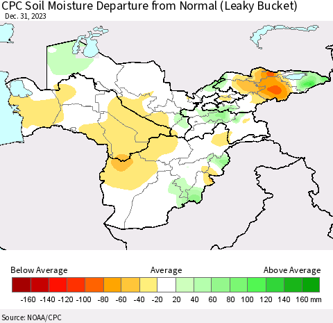 Central Asia CPC Soil Moisture Departure from Normal (Leaky Bucket) Thematic Map For 12/26/2023 - 12/31/2023