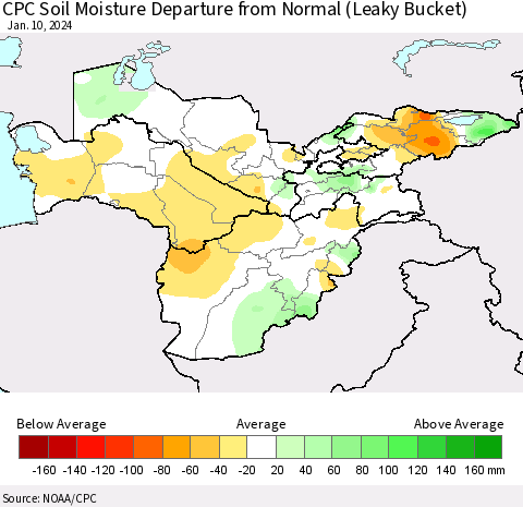 Central Asia CPC Soil Moisture Departure from Normal (Leaky Bucket) Thematic Map For 1/6/2024 - 1/10/2024