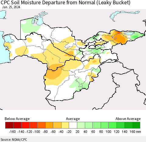 Central Asia CPC Soil Moisture Departure from Normal (Leaky Bucket) Thematic Map For 1/21/2024 - 1/25/2024