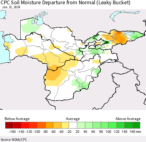 Central Asia CPC Soil Moisture Departure from Normal (Leaky Bucket) Thematic Map For 1/26/2024 - 1/31/2024