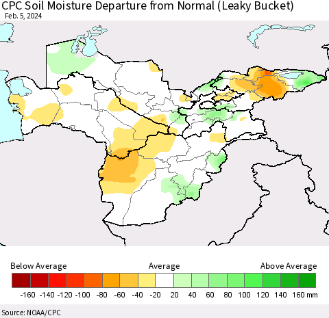 Central Asia CPC Soil Moisture Departure from Normal (Leaky Bucket) Thematic Map For 2/1/2024 - 2/5/2024