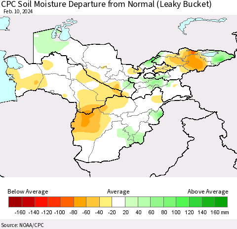 Central Asia CPC Soil Moisture Departure from Normal (Leaky Bucket) Thematic Map For 2/6/2024 - 2/10/2024
