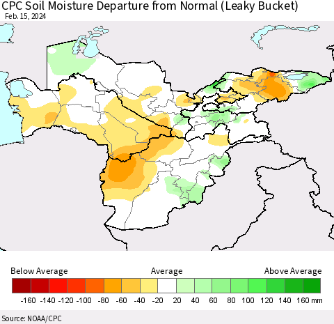 Central Asia CPC Soil Moisture Departure from Normal (Leaky Bucket) Thematic Map For 2/11/2024 - 2/15/2024