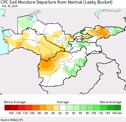 Central Asia CPC Soil Moisture Departure from Normal (Leaky Bucket) Thematic Map For 2/16/2024 - 2/20/2024