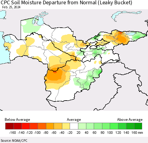 Central Asia CPC Soil Moisture Departure from Normal (Leaky Bucket) Thematic Map For 2/21/2024 - 2/25/2024