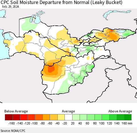Central Asia CPC Soil Moisture Departure from Normal (Leaky Bucket) Thematic Map For 2/26/2024 - 2/29/2024