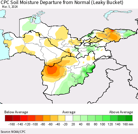 Central Asia CPC Soil Moisture Departure from Normal (Leaky Bucket) Thematic Map For 3/1/2024 - 3/5/2024