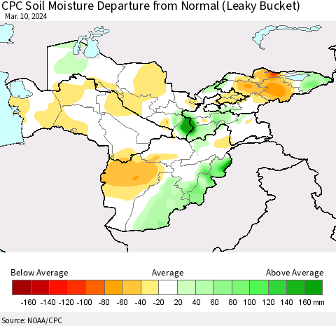 Central Asia CPC Soil Moisture Departure from Normal (Leaky Bucket) Thematic Map For 3/6/2024 - 3/10/2024