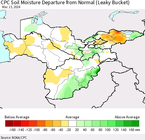 Central Asia CPC Soil Moisture Departure from Normal (Leaky Bucket) Thematic Map For 3/11/2024 - 3/15/2024