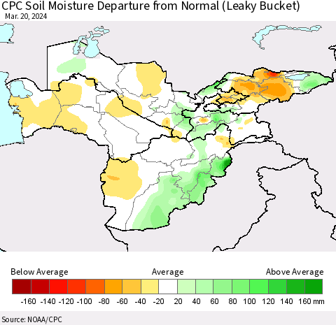 Central Asia CPC Soil Moisture Departure from Normal (Leaky Bucket) Thematic Map For 3/16/2024 - 3/20/2024