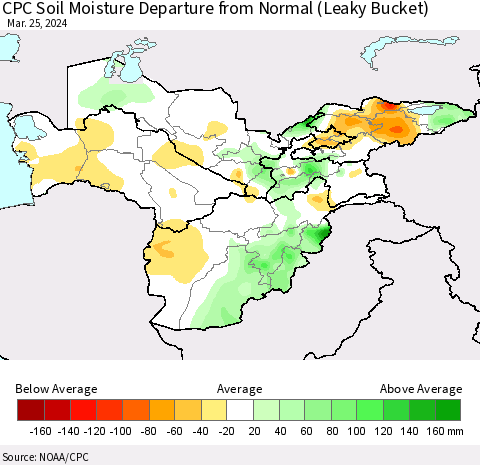 Central Asia CPC Soil Moisture Departure from Normal (Leaky Bucket) Thematic Map For 3/21/2024 - 3/25/2024