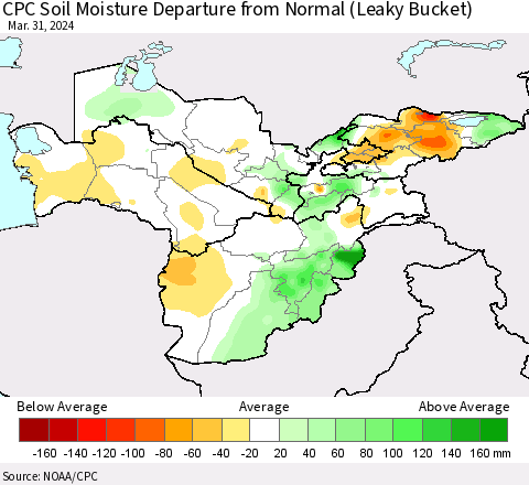 Central Asia CPC Soil Moisture Departure from Normal (Leaky Bucket) Thematic Map For 3/26/2024 - 3/31/2024