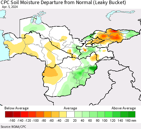 Central Asia CPC Soil Moisture Departure from Normal (Leaky Bucket) Thematic Map For 4/1/2024 - 4/5/2024