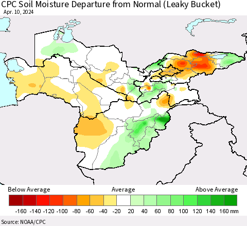 Central Asia CPC Soil Moisture Departure from Normal (Leaky Bucket) Thematic Map For 4/6/2024 - 4/10/2024