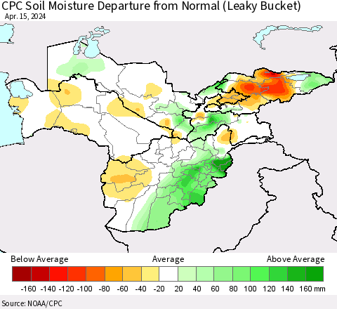 Central Asia CPC Soil Moisture Departure from Normal (Leaky Bucket) Thematic Map For 4/11/2024 - 4/15/2024
