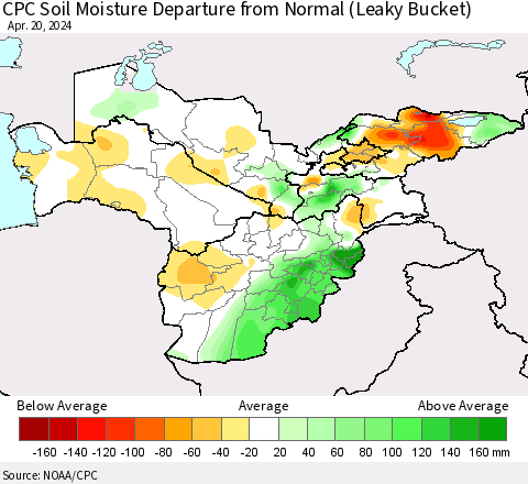 Central Asia CPC Soil Moisture Departure from Normal (Leaky Bucket) Thematic Map For 4/16/2024 - 4/20/2024