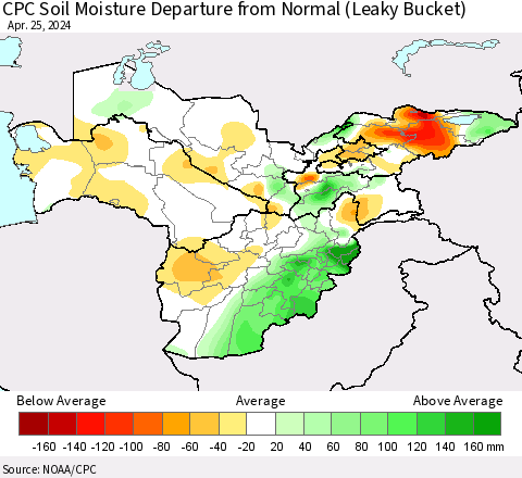 Central Asia CPC Soil Moisture Departure from Normal (Leaky Bucket) Thematic Map For 4/21/2024 - 4/25/2024