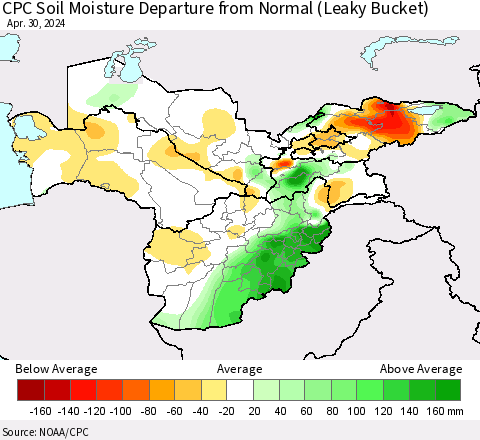 Central Asia CPC Soil Moisture Departure from Normal (Leaky Bucket) Thematic Map For 4/26/2024 - 4/30/2024