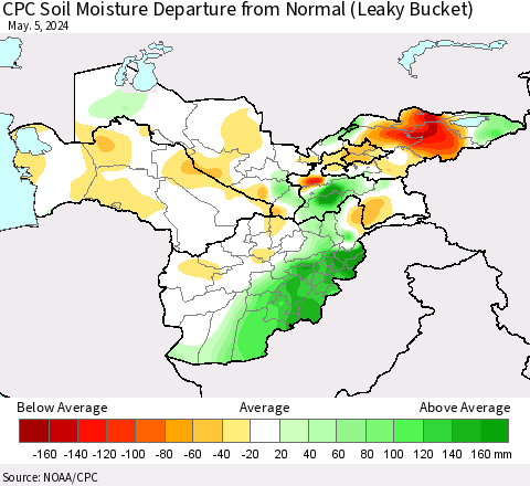 Central Asia CPC Soil Moisture Departure from Normal (Leaky Bucket) Thematic Map For 5/1/2024 - 5/5/2024
