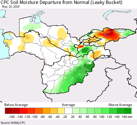 Central Asia CPC Soil Moisture Departure from Normal (Leaky Bucket) Thematic Map For 5/6/2024 - 5/10/2024