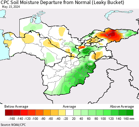Central Asia CPC Soil Moisture Departure from Normal (Leaky Bucket) Thematic Map For 5/11/2024 - 5/15/2024