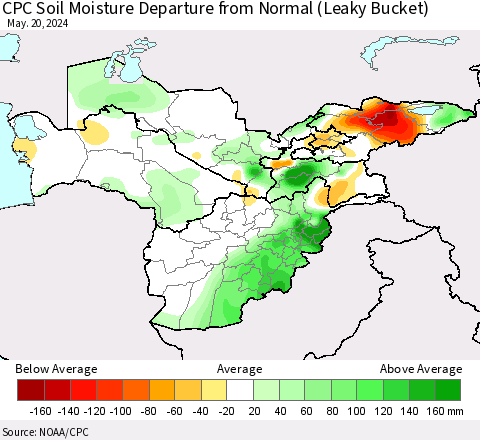 Central Asia CPC Soil Moisture Departure from Normal (Leaky Bucket) Thematic Map For 5/16/2024 - 5/20/2024