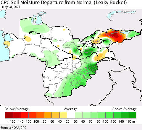 Central Asia CPC Soil Moisture Departure from Normal (Leaky Bucket) Thematic Map For 5/26/2024 - 5/31/2024