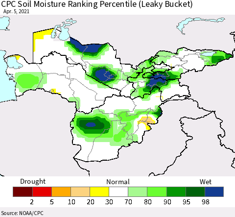Central Asia CPC Soil Moisture Ranking Percentile (Leaky Bucket) Thematic Map For 4/1/2021 - 4/5/2021
