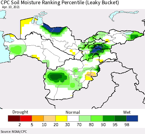 Central Asia CPC Soil Moisture Ranking Percentile (Leaky Bucket) Thematic Map For 4/6/2021 - 4/10/2021