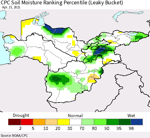 Central Asia CPC Soil Moisture Ranking Percentile (Leaky Bucket) Thematic Map For 4/11/2021 - 4/15/2021