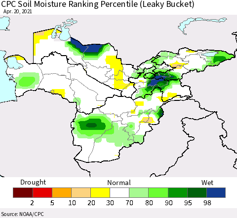 Central Asia CPC Soil Moisture Ranking Percentile (Leaky Bucket) Thematic Map For 4/16/2021 - 4/20/2021