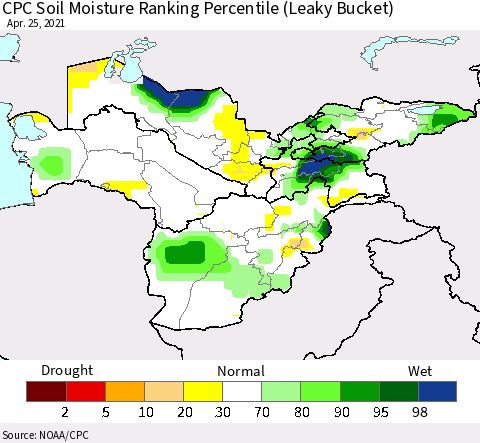 Central Asia CPC Soil Moisture Ranking Percentile (Leaky Bucket) Thematic Map For 4/21/2021 - 4/25/2021