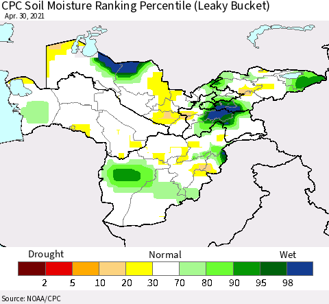 Central Asia CPC Soil Moisture Ranking Percentile (Leaky Bucket) Thematic Map For 4/26/2021 - 4/30/2021