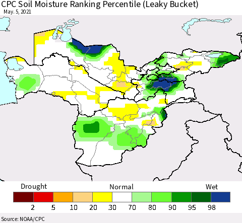 Central Asia CPC Soil Moisture Ranking Percentile (Leaky Bucket) Thematic Map For 5/1/2021 - 5/5/2021