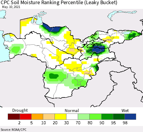 Central Asia CPC Soil Moisture Ranking Percentile (Leaky Bucket) Thematic Map For 5/6/2021 - 5/10/2021
