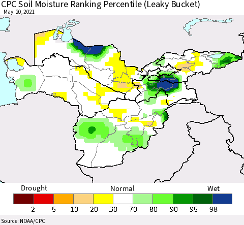 Central Asia CPC Soil Moisture Ranking Percentile (Leaky Bucket) Thematic Map For 5/16/2021 - 5/20/2021