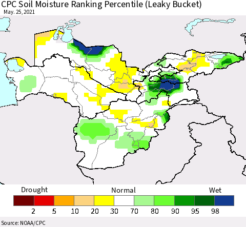 Central Asia CPC Soil Moisture Ranking Percentile (Leaky Bucket) Thematic Map For 5/21/2021 - 5/25/2021