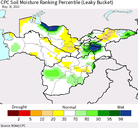 Central Asia CPC Soil Moisture Ranking Percentile (Leaky Bucket) Thematic Map For 5/26/2021 - 5/31/2021