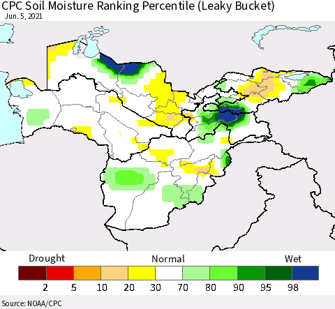 Central Asia CPC Soil Moisture Ranking Percentile (Leaky Bucket) Thematic Map For 6/1/2021 - 6/5/2021