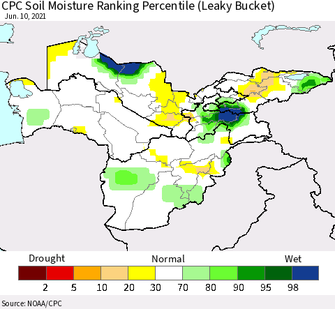 Central Asia CPC Soil Moisture Ranking Percentile (Leaky Bucket) Thematic Map For 6/6/2021 - 6/10/2021