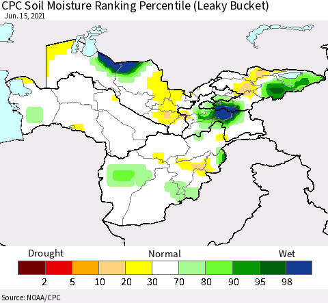 Central Asia CPC Soil Moisture Ranking Percentile (Leaky Bucket) Thematic Map For 6/11/2021 - 6/15/2021