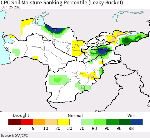 Central Asia CPC Soil Moisture Ranking Percentile (Leaky Bucket) Thematic Map For 6/21/2021 - 6/25/2021